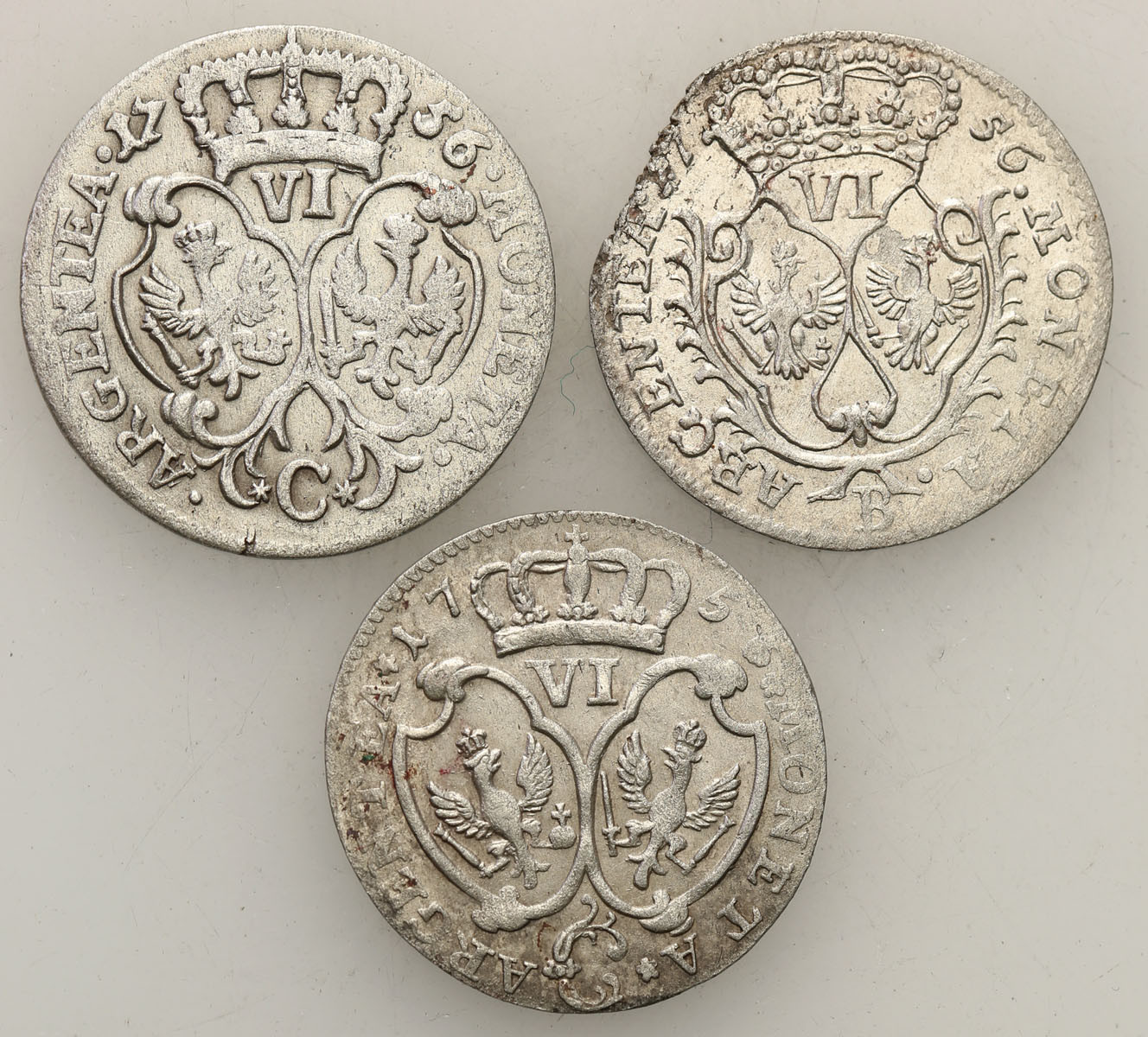 Niemcy / Śląsk, Fryderyk II (1740-1786). Szóstak 1756 C, Kleve, B, Wrocław, zestaw 3 monet